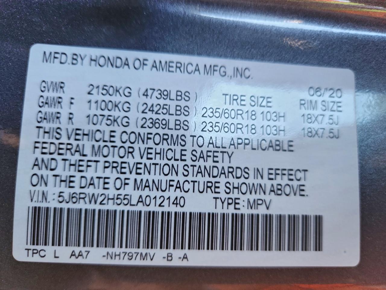 2020 Honda Cr-V Ex VIN: 5J6RW2H55LA012140 Lot: 93848345