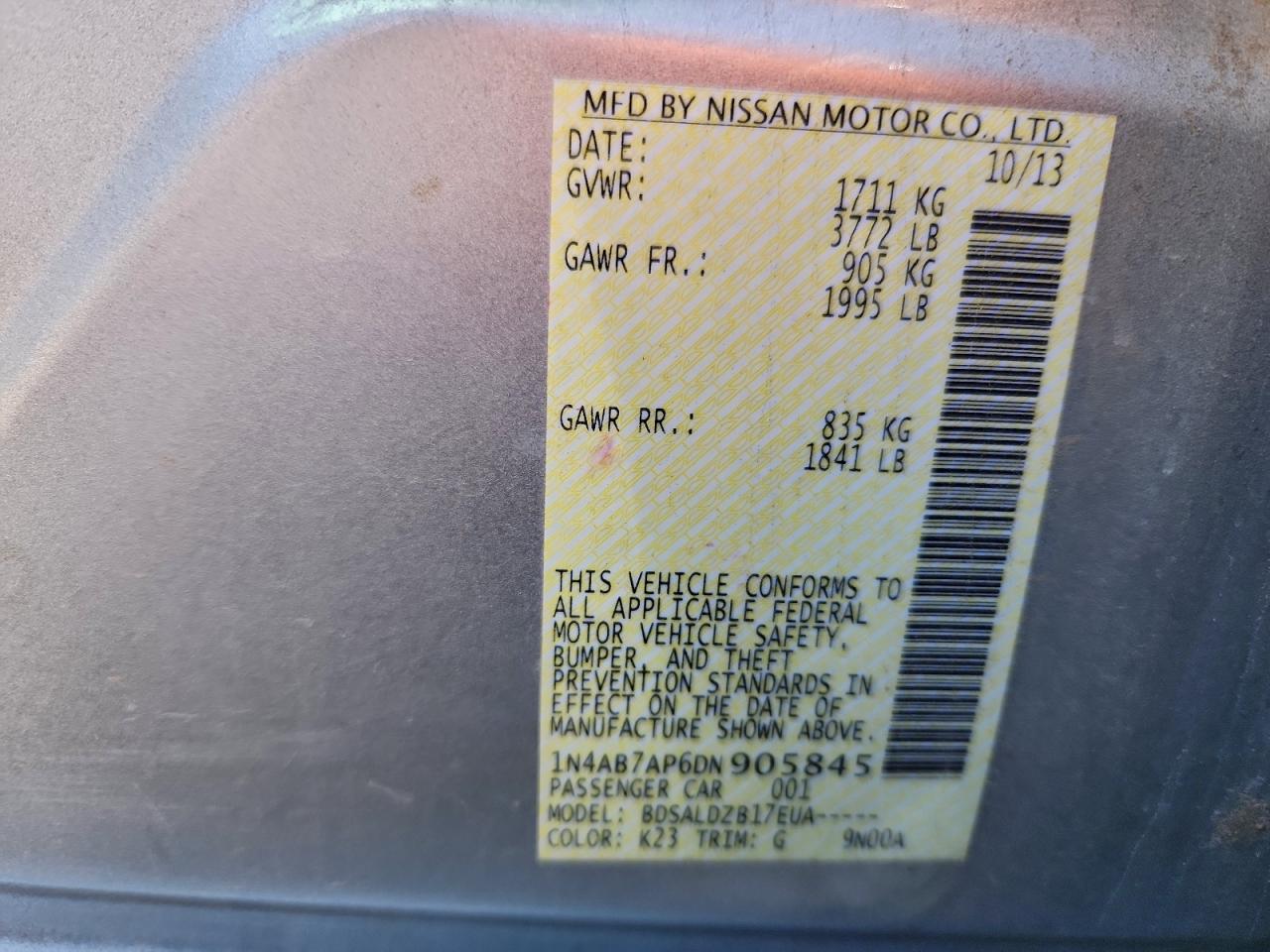 2013 Nissan Sentra S VIN: 1N4AB7AP6DN905845 Lot: 94531795