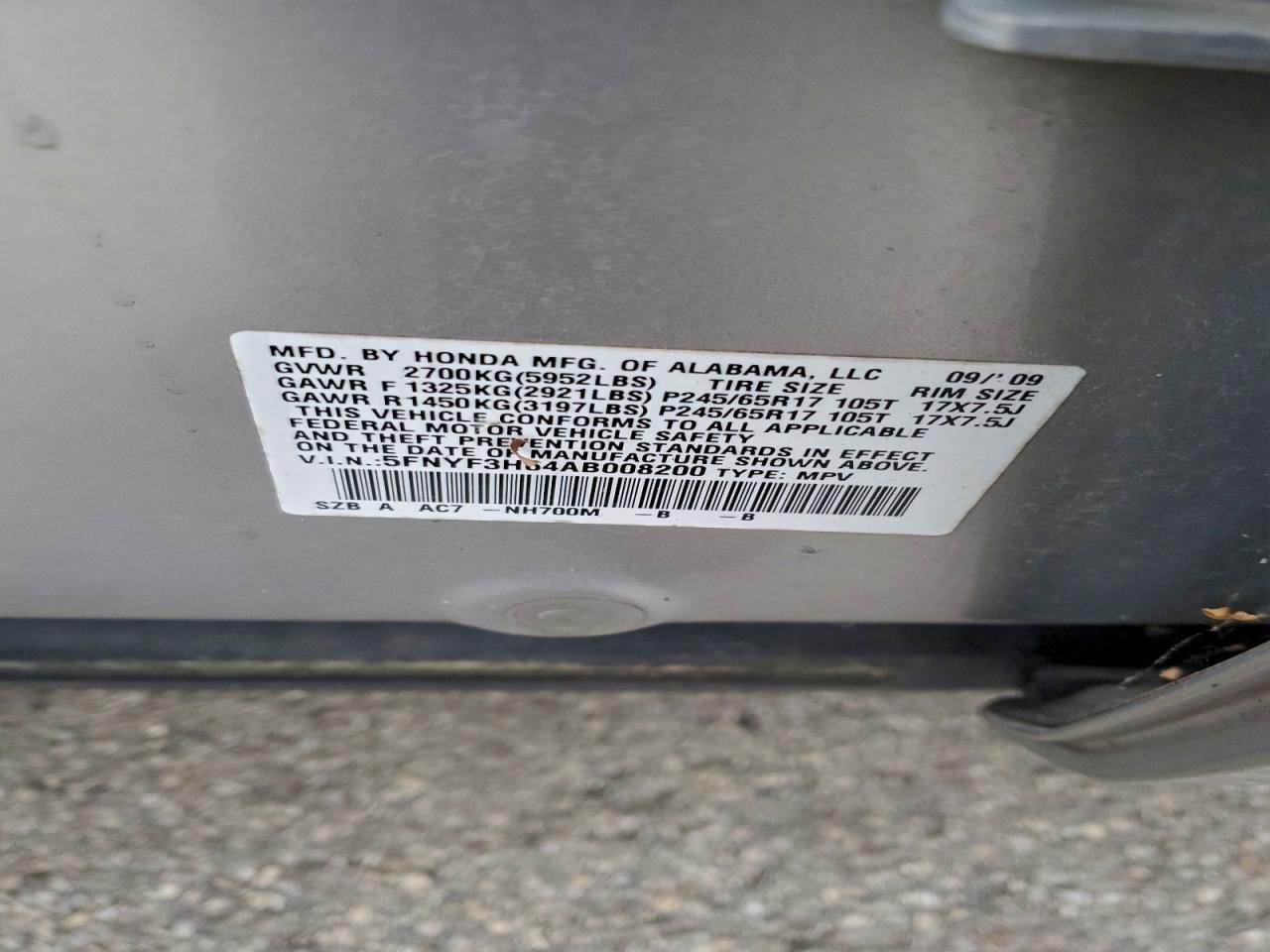 2010 Honda Pilot Exl VIN: 5FNYF3H64AB008200 Lot: 94714755