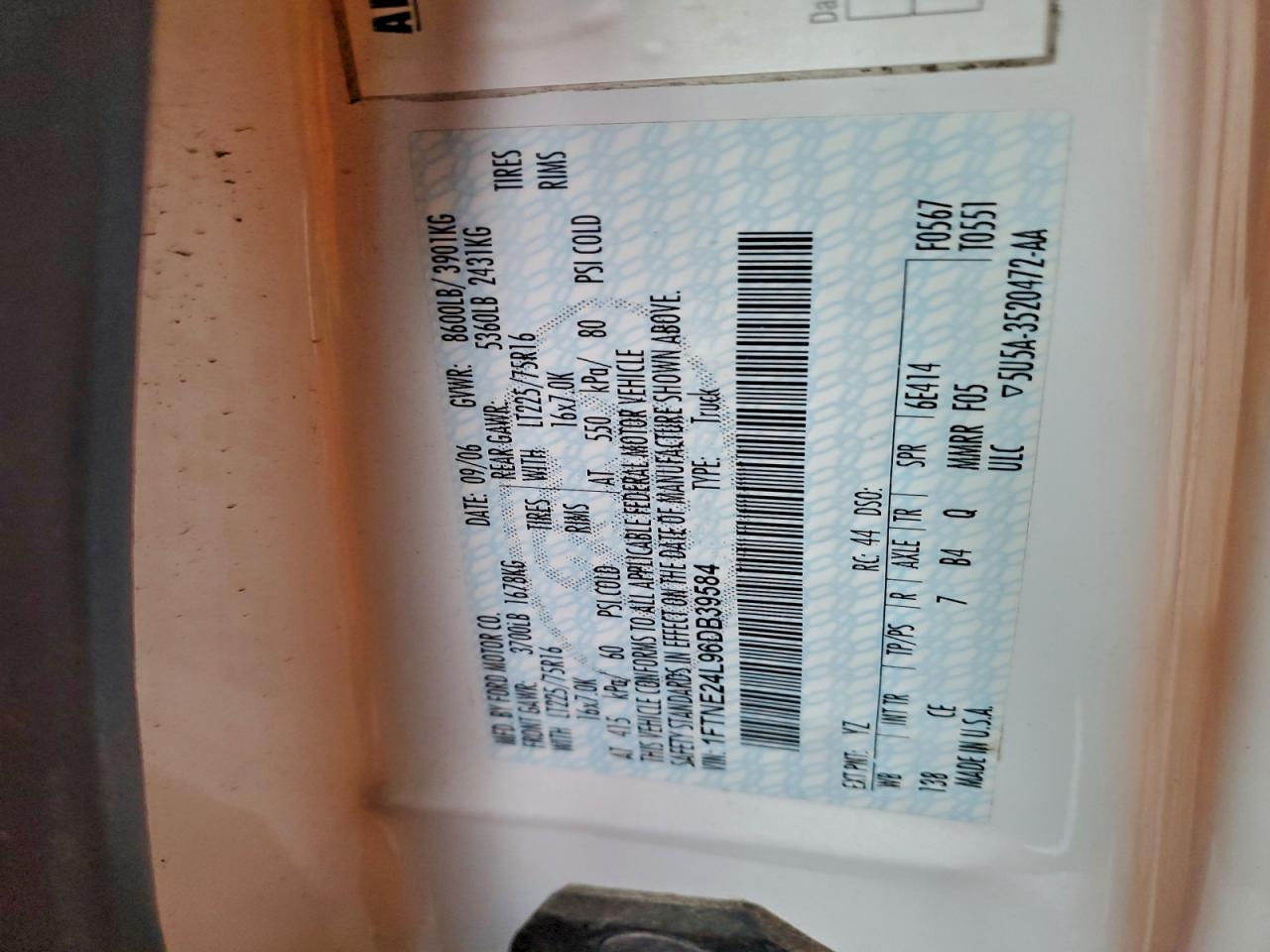 2006 Ford E250 Delivery Van VIN: 1FTNE24L96DB39584 Lot: 94238345