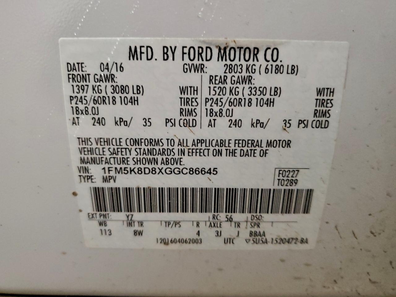 2016 Ford Explorer Xlt VIN: 1FM5K8D8XGGC86645 Lot: 93843595