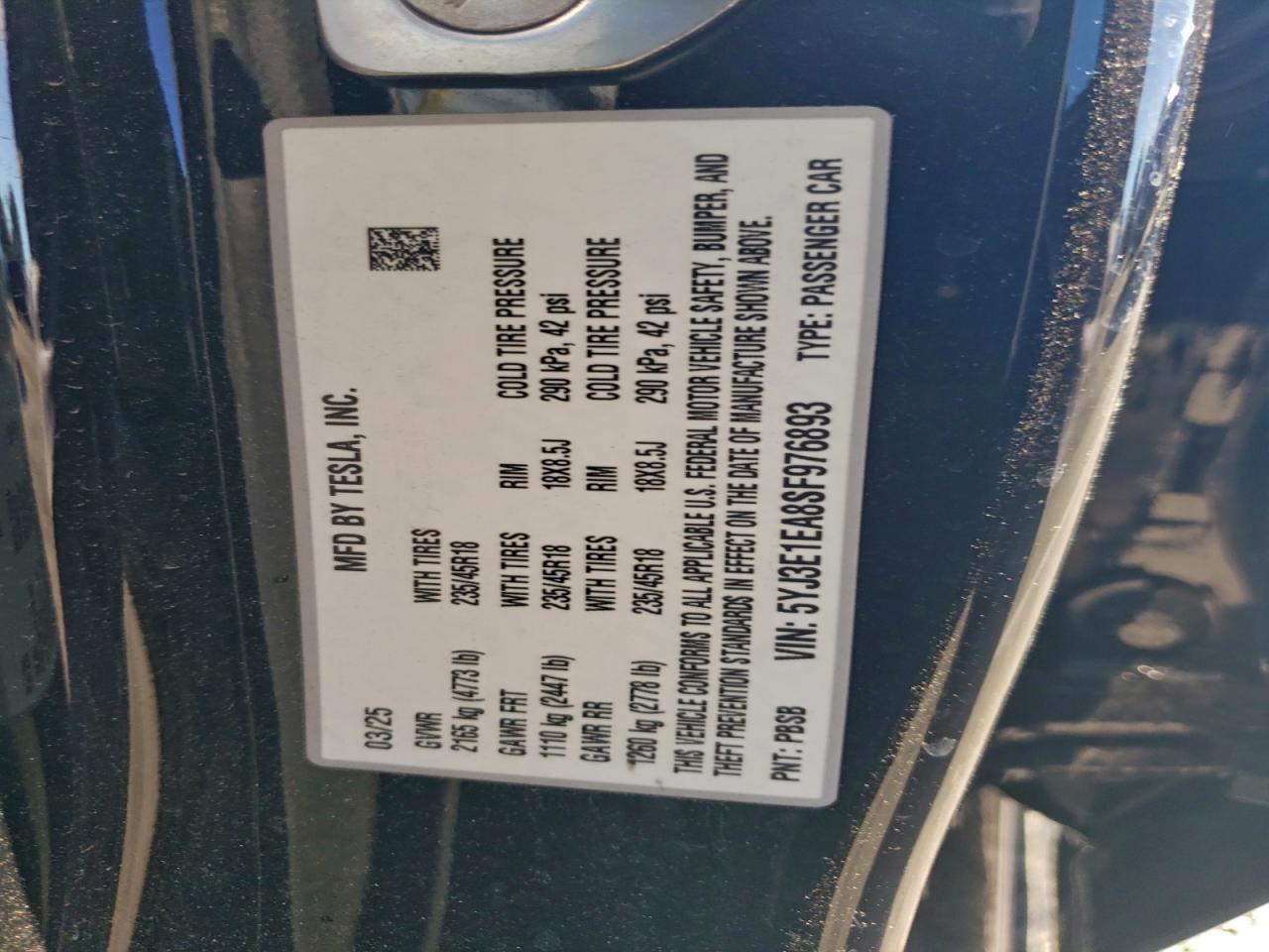 2025 Tesla Model 3 VIN: 5YJ3E1EA8SF976893 Lot: 94480085