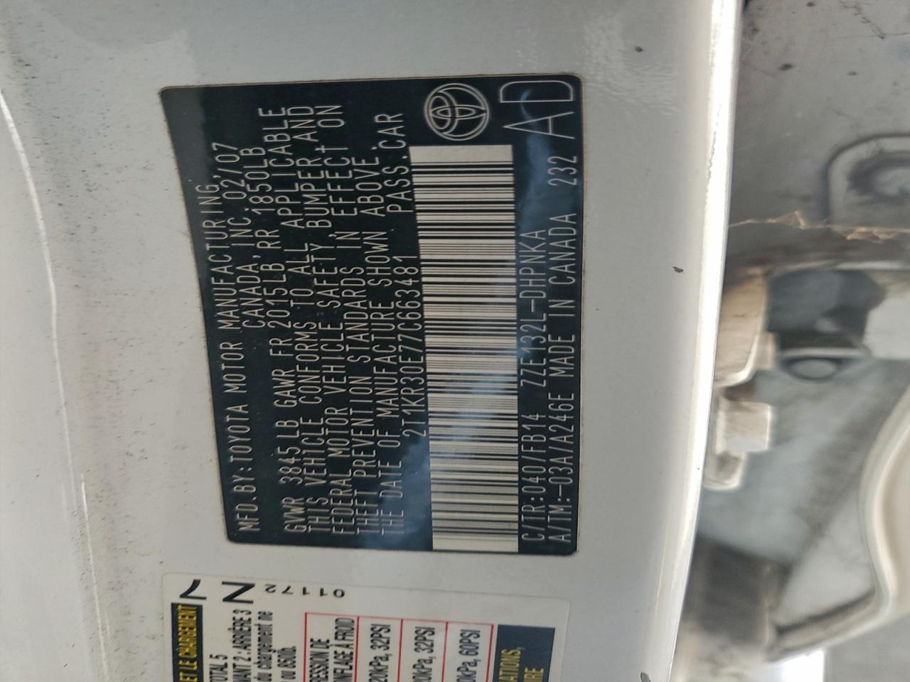 2007 Toyota Corolla Matrix Xr VIN: 2T1KR30E77C663481 Lot: 94702445