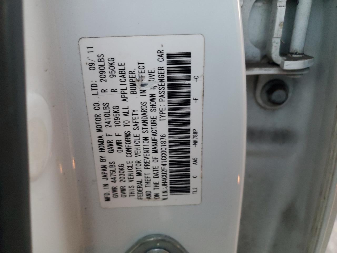 2012 Acura Tsx VIN: JH4CU2F41CC001876 Lot: 93617155