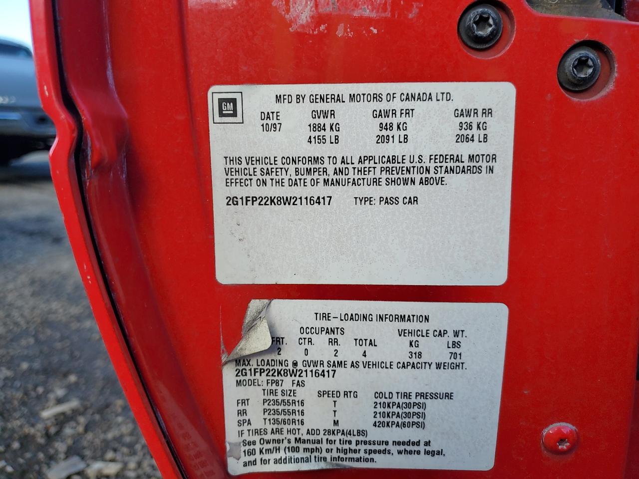 1998 Chevrolet Camaro VIN: 2G1FP22K8W2116417 Lot: 92947235