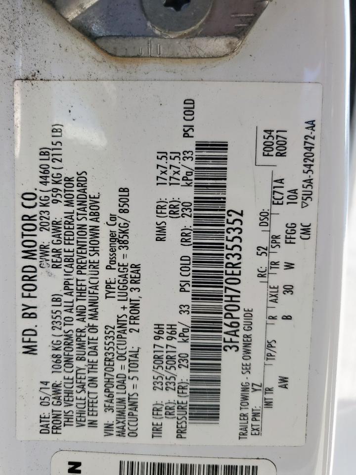 2014 Ford Fusion Se VIN: 3FA6P0H70ER355352 Lot: 92242165