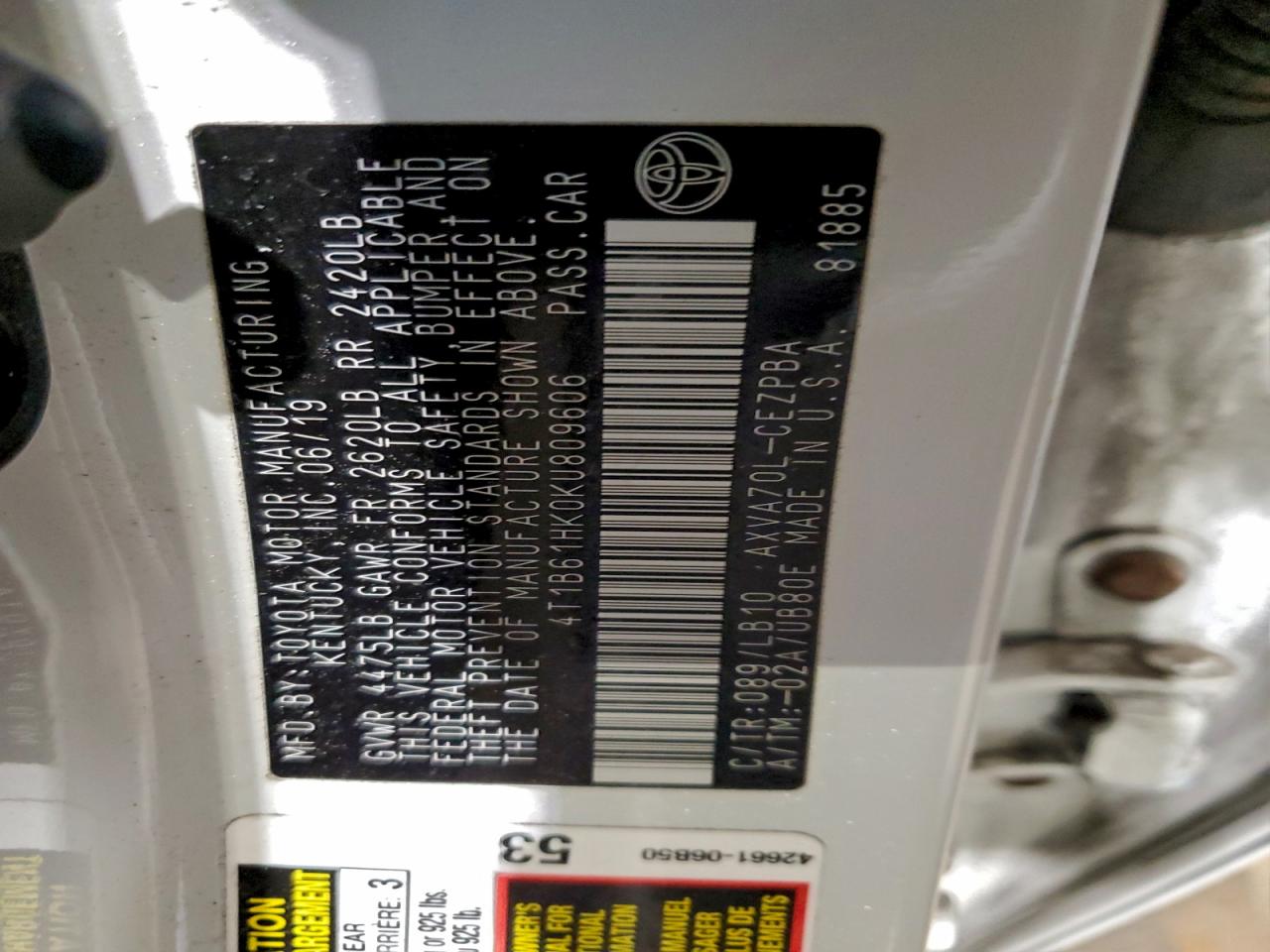 2019 Toyota Camry Xse VIN: 4T1B61HK0KU809606 Lot: 94341485