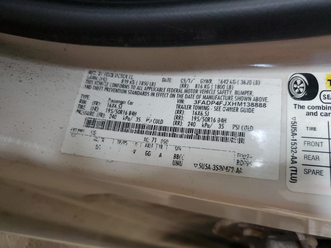 2017 Ford Fiesta Titanium VIN: 3FADP4FJXHM138888 Lot: 92915915