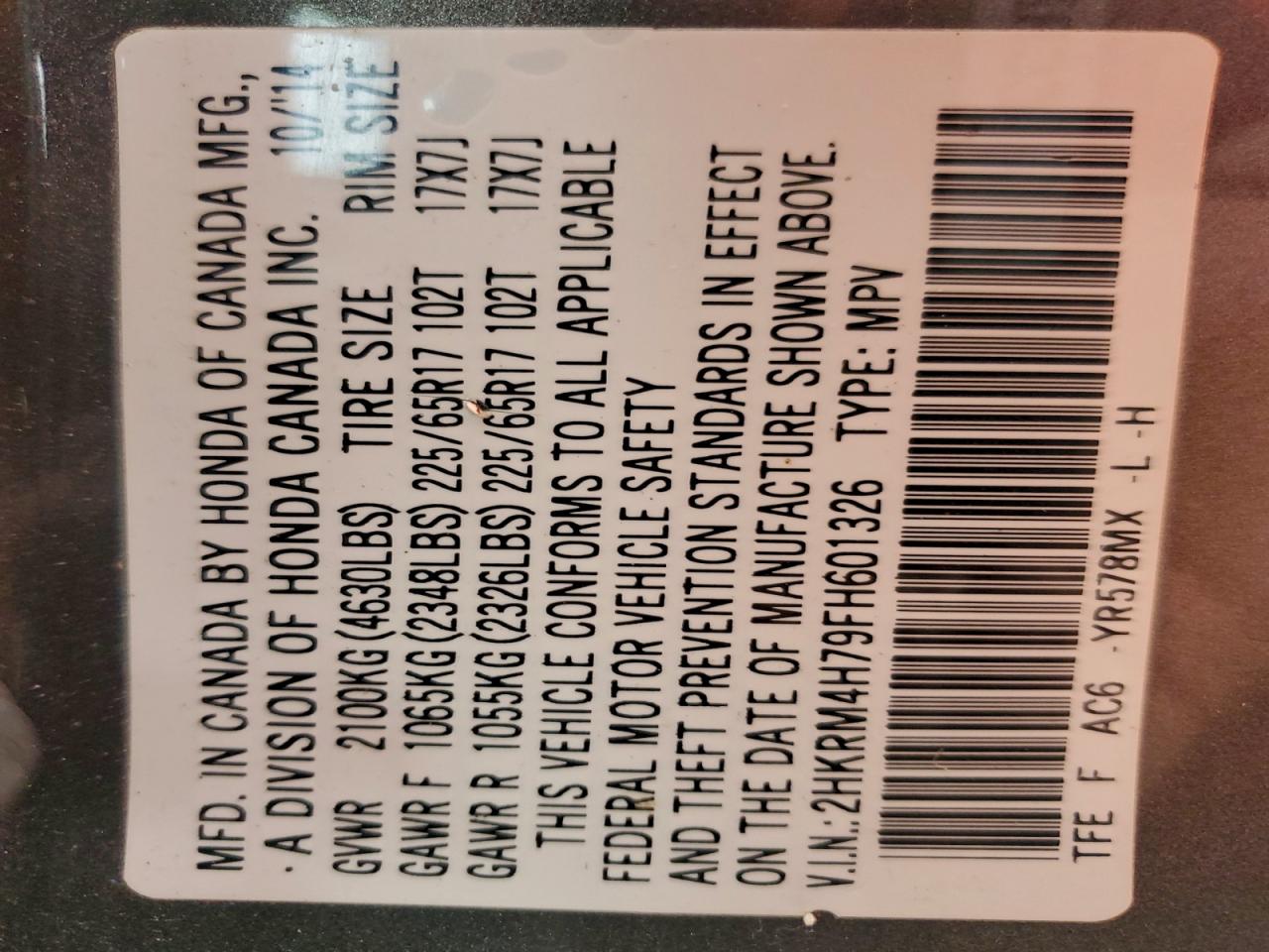 2015 Honda Cr-V Exl VIN: 2HKRM4H79FH601326 Lot: 93281815