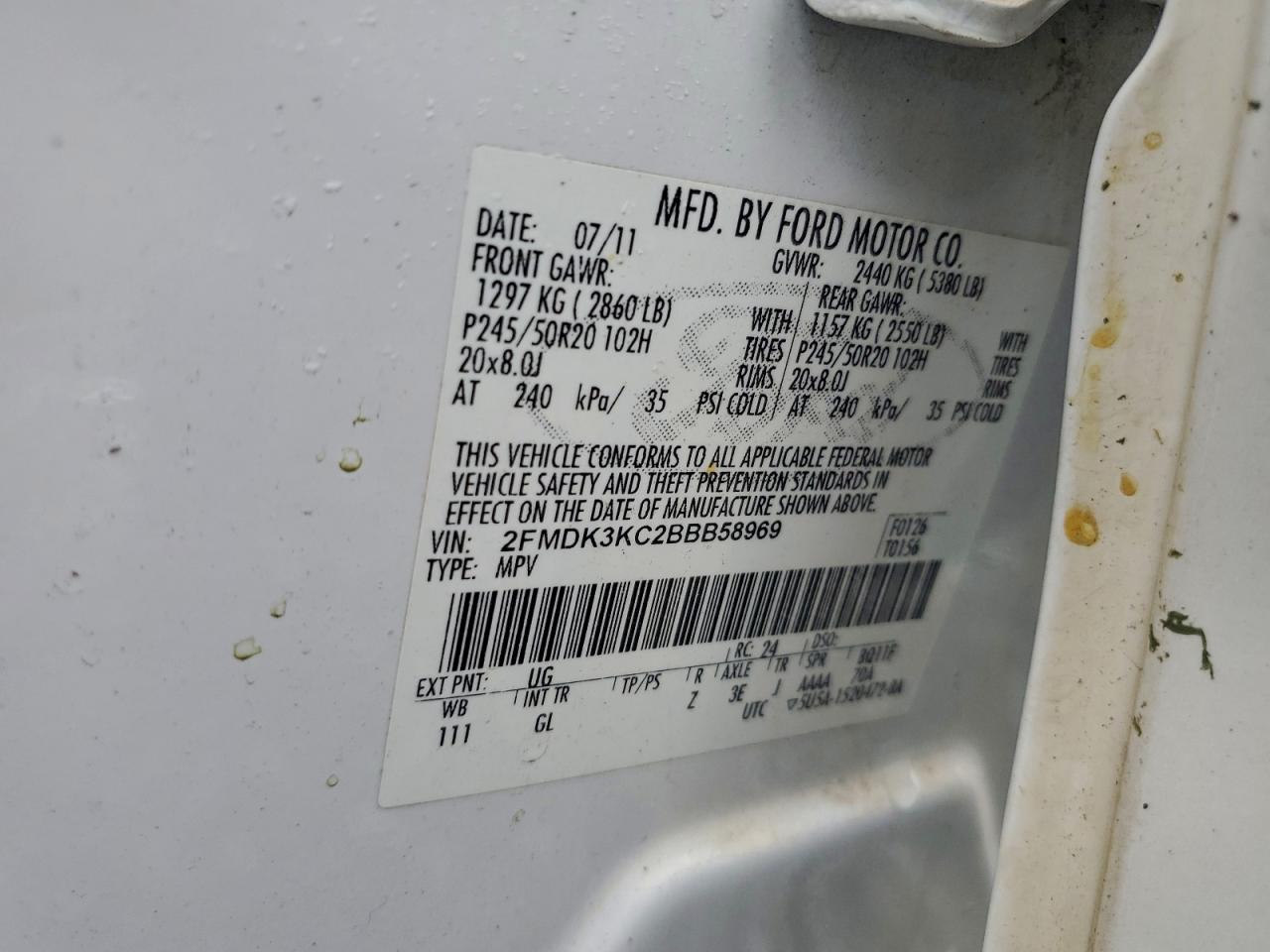 2011 Ford Edge Limited VIN: 2FMDK3KC2BBB58969 Lot: 93892805