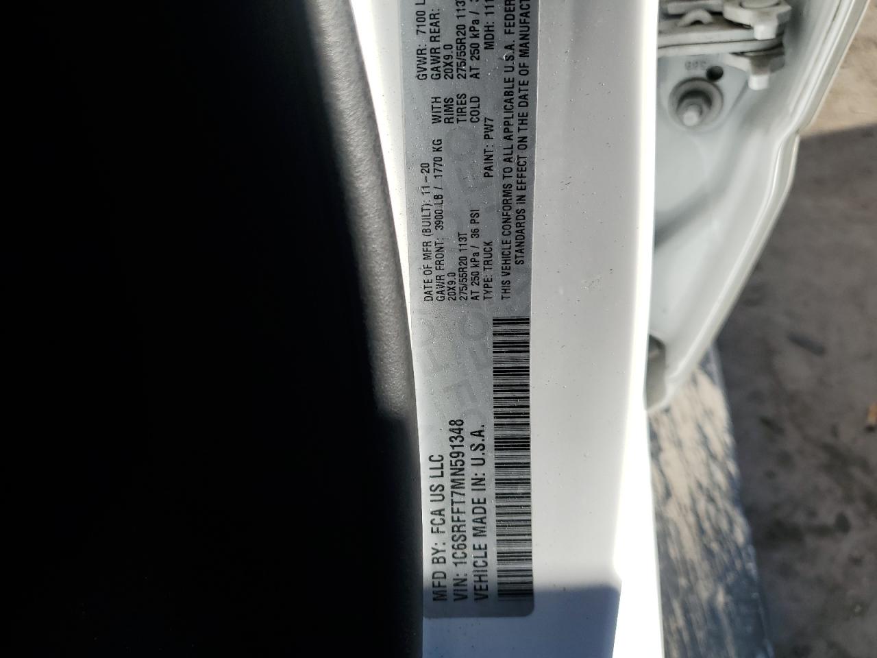 2021 Ram 1500 Big Horn/Lone Star VIN: 1C6SRFFT7MN591348 Lot: 92095515