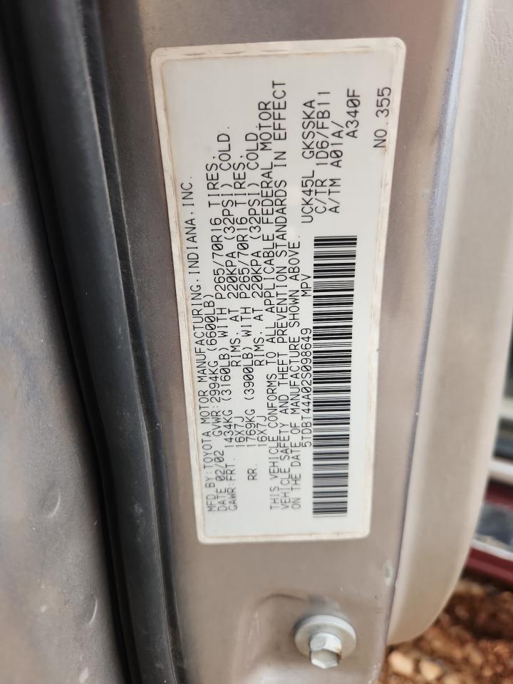 2002 Toyota Sequoia Sr5 VIN: 5TDBT44A02S098649 Lot: 93710425