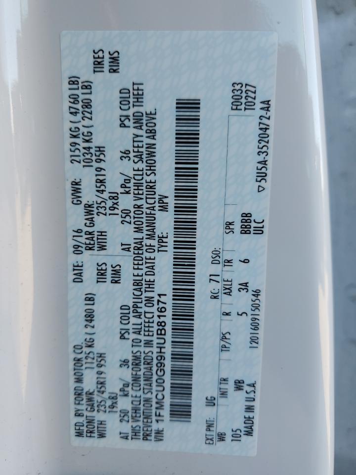 2017 Ford Escape Se VIN: 1FMCU0G99HUB81671 Lot: 92798175