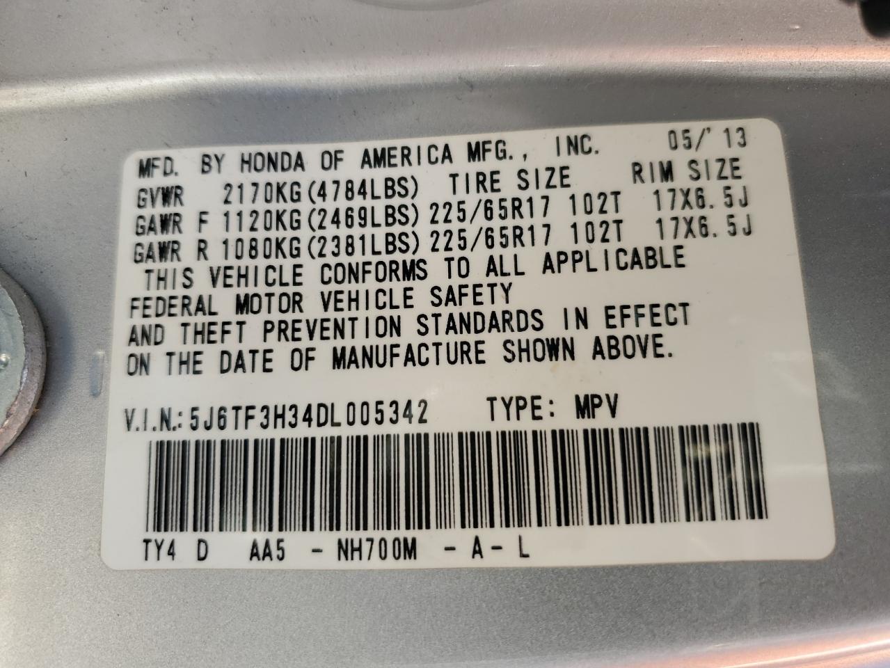 2013 Honda Crosstour Ex VIN: 5J6TF3H34DL005342 Lot: 90665845