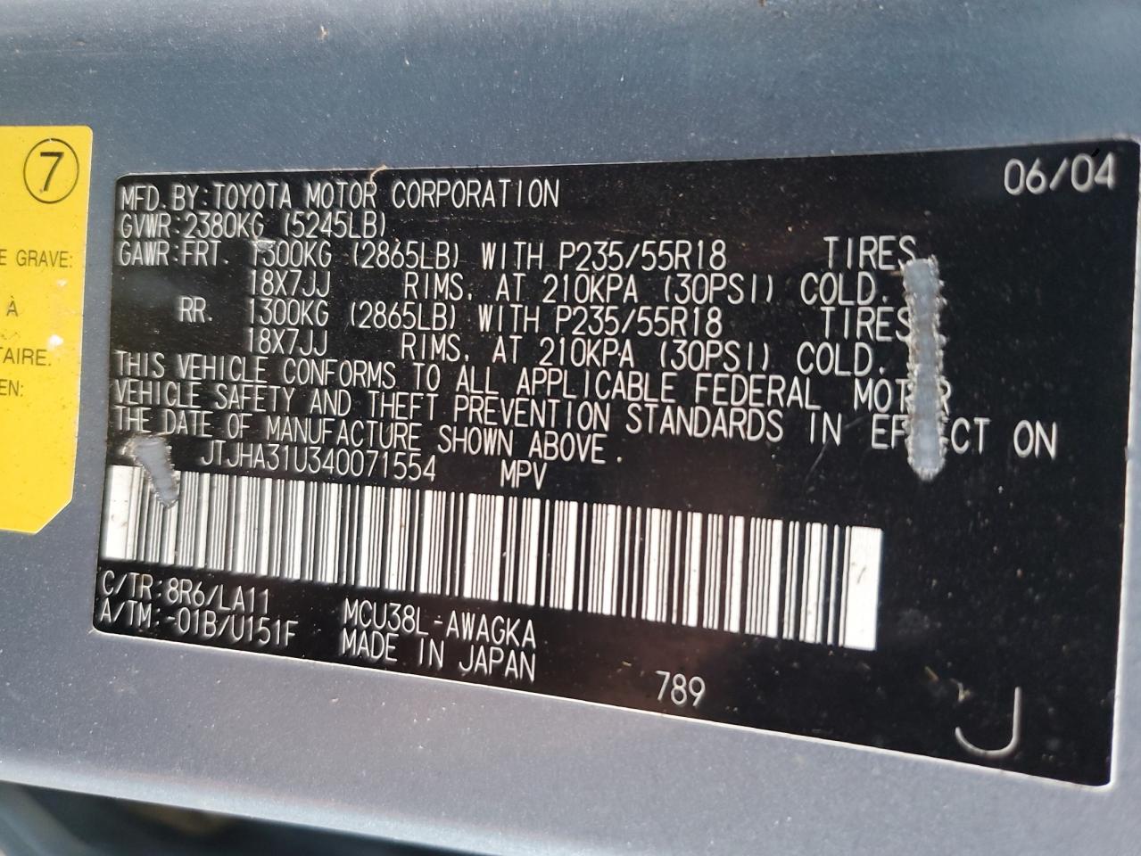 2004 Lexus Rx 330 VIN: JTJHA31U340071554 Lot: 91966105