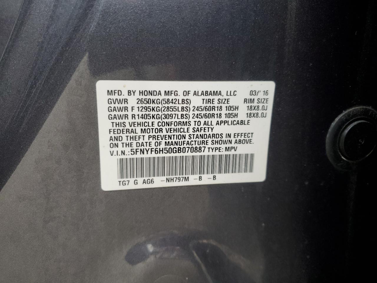 2016 Honda Pilot Exl VIN: 5FNYF6H50GB070887 Lot: 92139625
