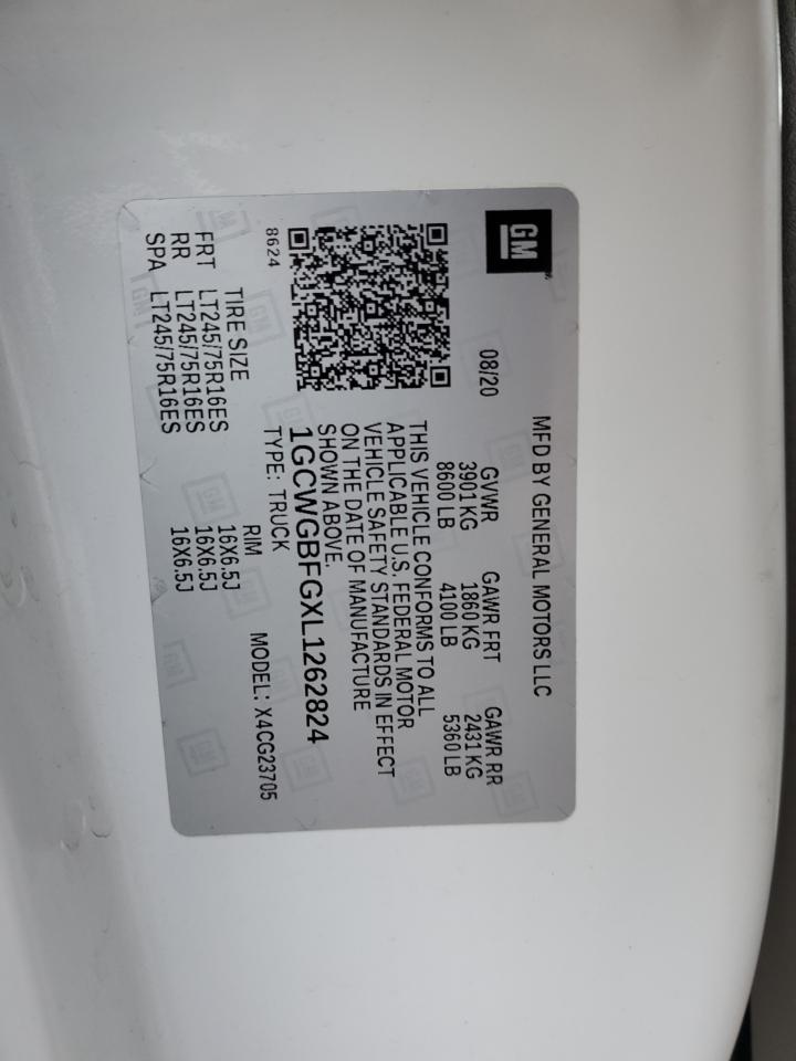 2020 Chevrolet Express G2500 VIN: 1GCWGBFGXL1262824 Lot: 92646515