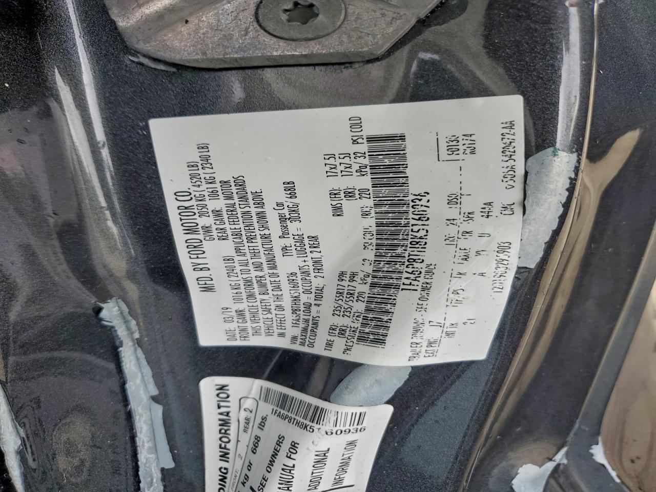 2019 Ford Mustang VIN: 1FA6P8TH8K5160936 Lot: 94330675