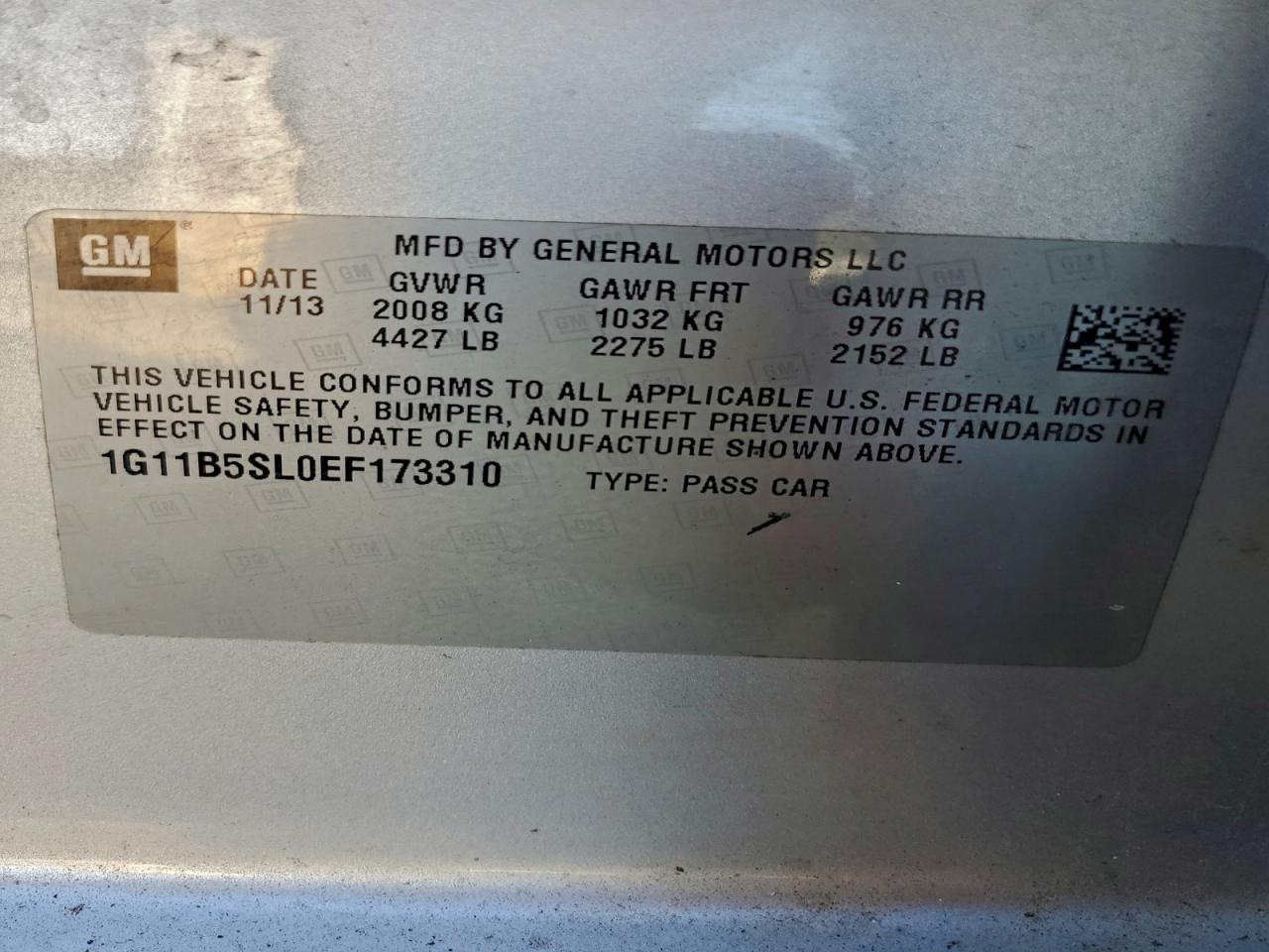2014 Chevrolet Malibu Ls VIN: 1G11B5SL0EF173310 Lot: 93946205