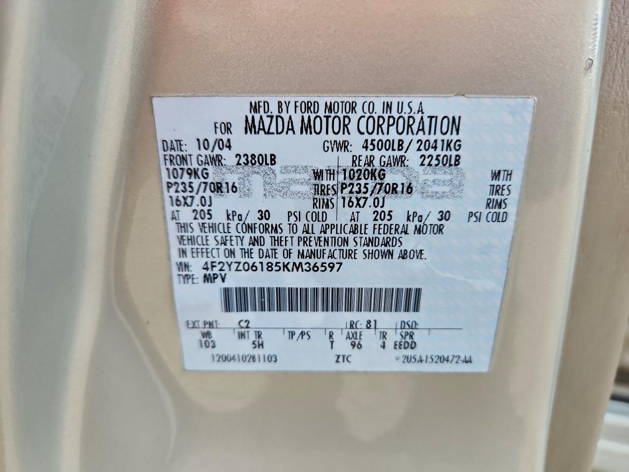 2005 Mazda Tribute S VIN: 4F2YZ06185KM36597 Lot: 94223115