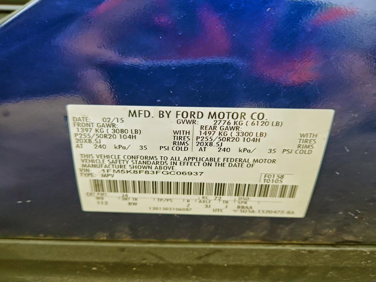 2015 Ford Explorer Limited VIN: 1FM5K8F83FGC06937 Lot: 94541595