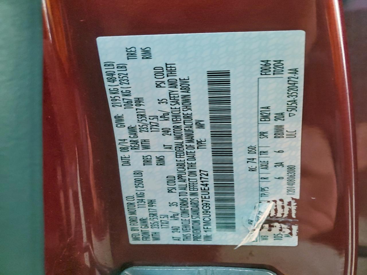 2014 Ford Escape Se VIN: 1FMCU9G97EUE41727 Lot: 93936415