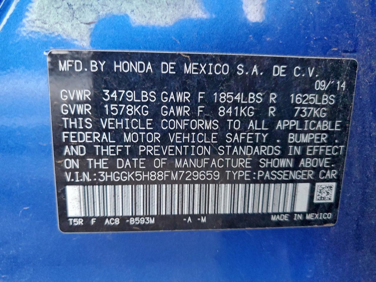 2015 Honda Fit Ex VIN: 3HGGK5H88FM729659 Lot: 93690625