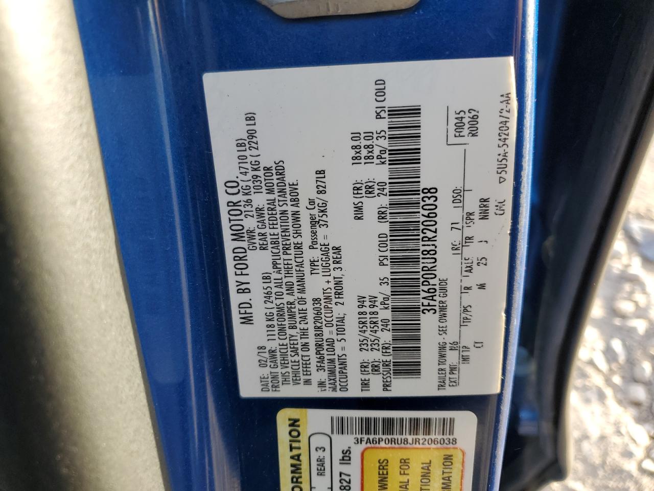 2018 Ford Fusion Titanium/Platinum Hev VIN: 3FA6P0RU8JR206038 Lot: 91239355