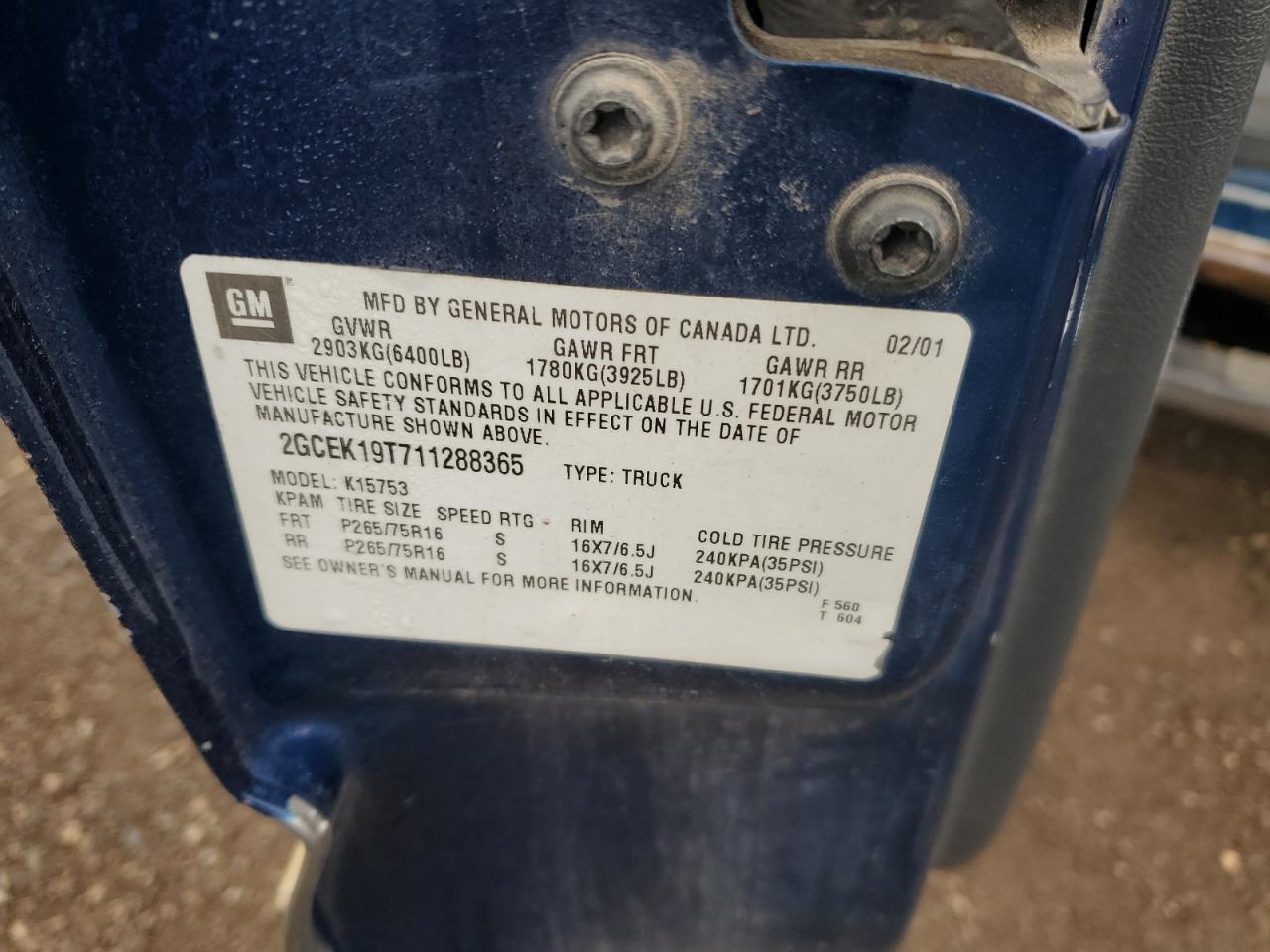 2001 Chevrolet Silverado K1500 VIN: 2GCEK19T711288365 Lot: 93221805