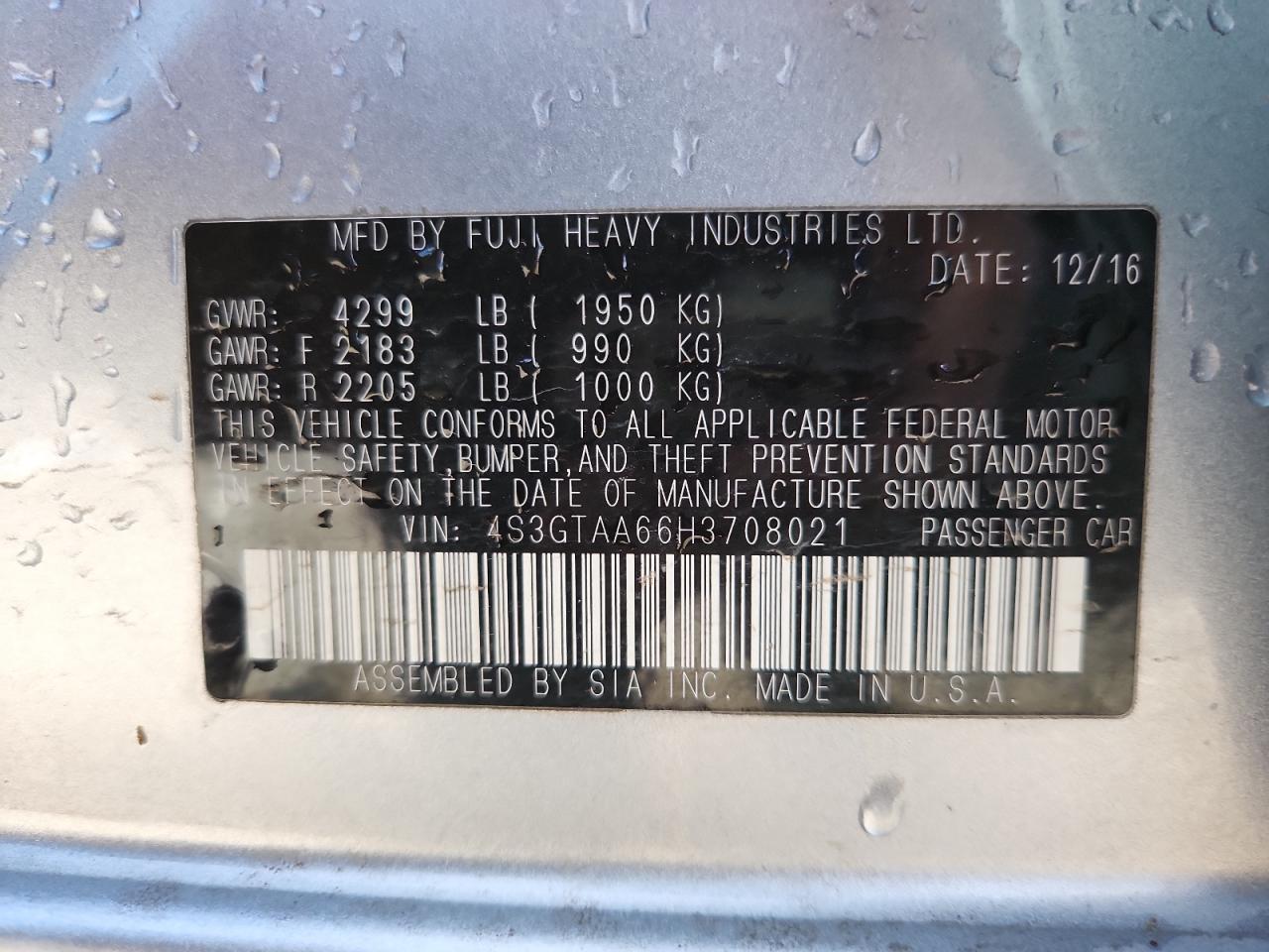 2017 Subaru Impreza VIN: 4S3GTAA66H3708021 Lot: 90899305