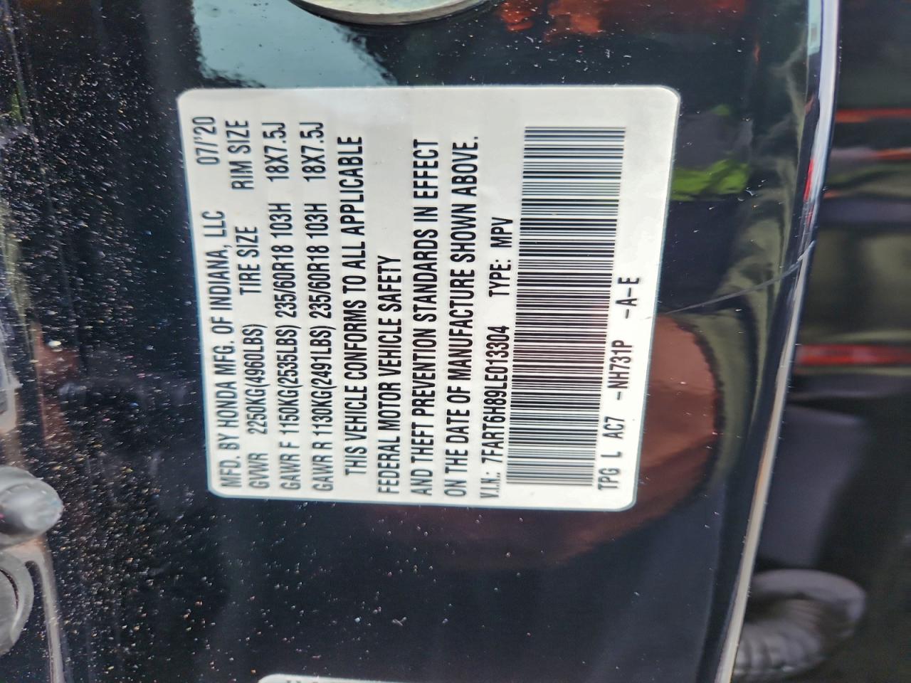 2020 Honda Cr-V Exl VIN: 7FART6H89LE013304 Lot: 93673365