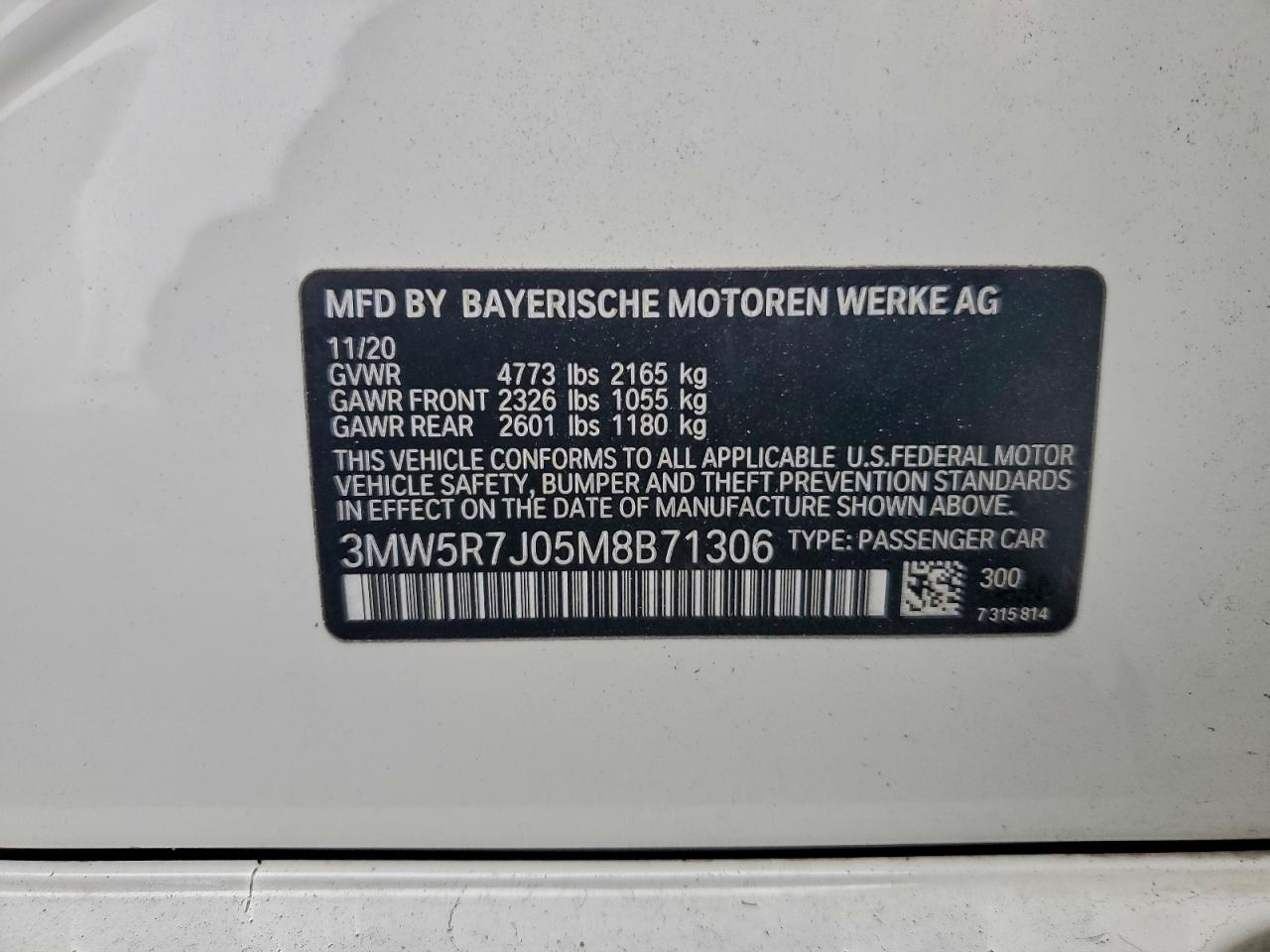 2021 BMW 330Xi VIN: 3MW5R7J05M8B71306 Lot: 93904975