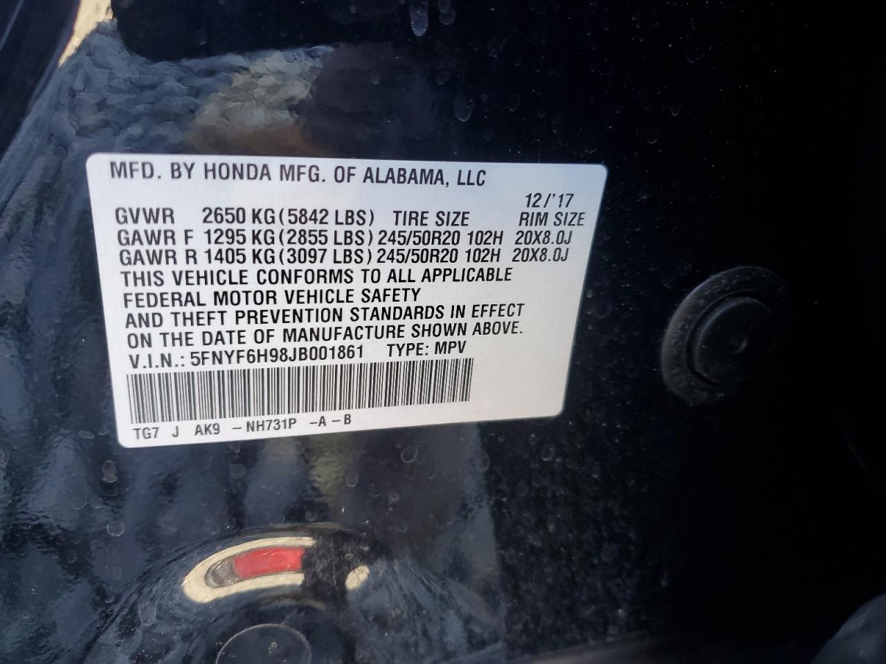 2018 Honda Pilot Touring VIN: 5FNYF6H98JB001861 Lot: 90867075