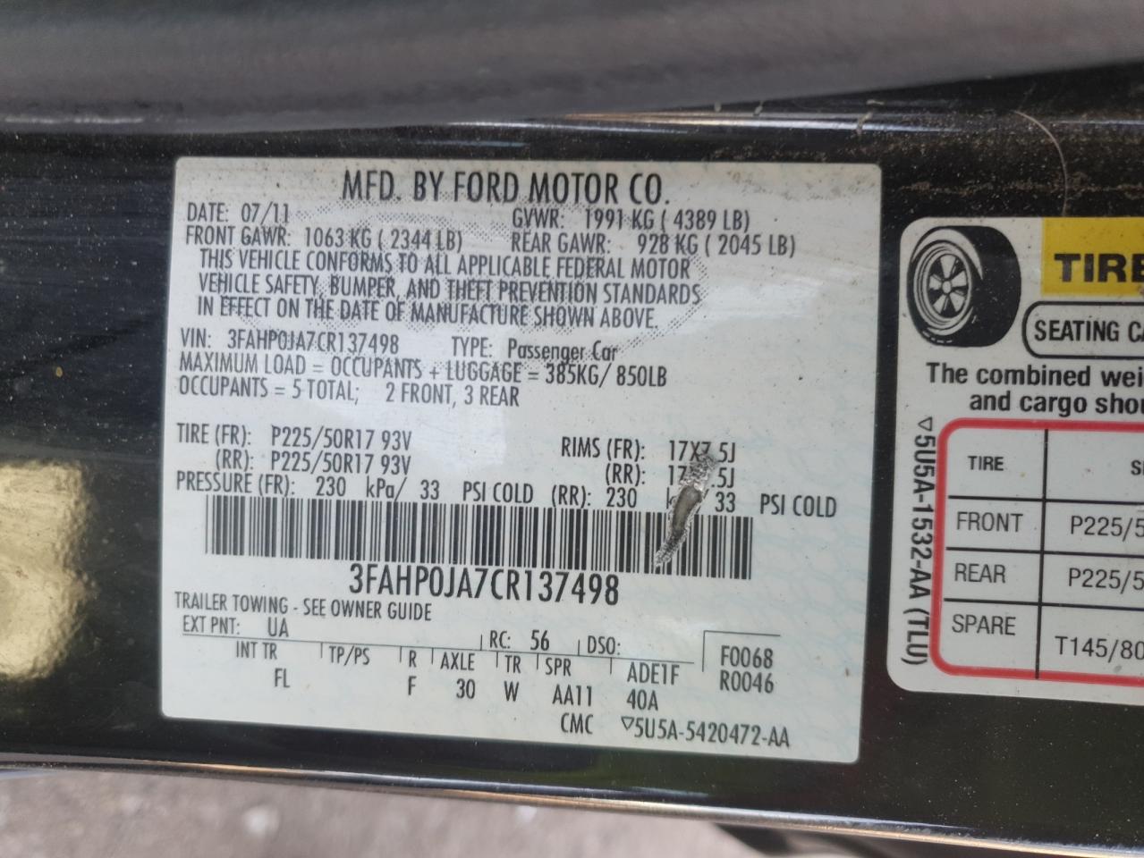 2012 Ford Fusion Sel VIN: 3FAHP0JA7CR137498 Lot: 93495095