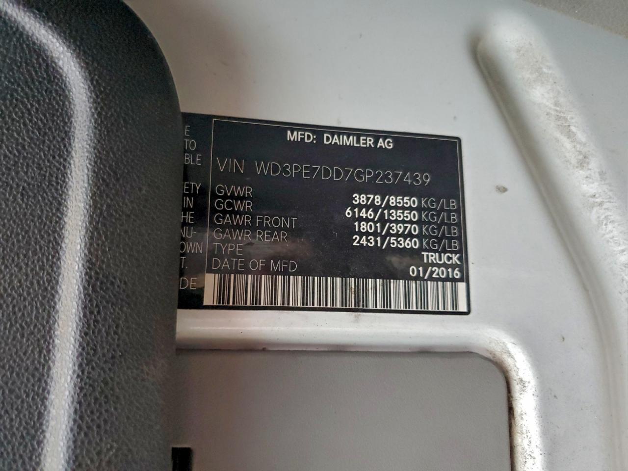 2016 Mercedes-Benz Sprinter 2500 VIN: WD3PE7DD7GP237439 Lot: 93681595