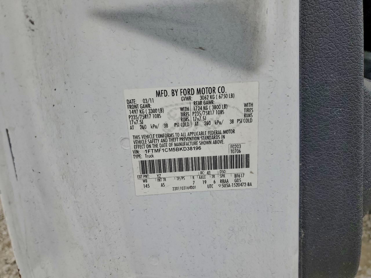 2011 Ford F150 VIN: 1FTMF1CM5BKD38196 Lot: 93116675