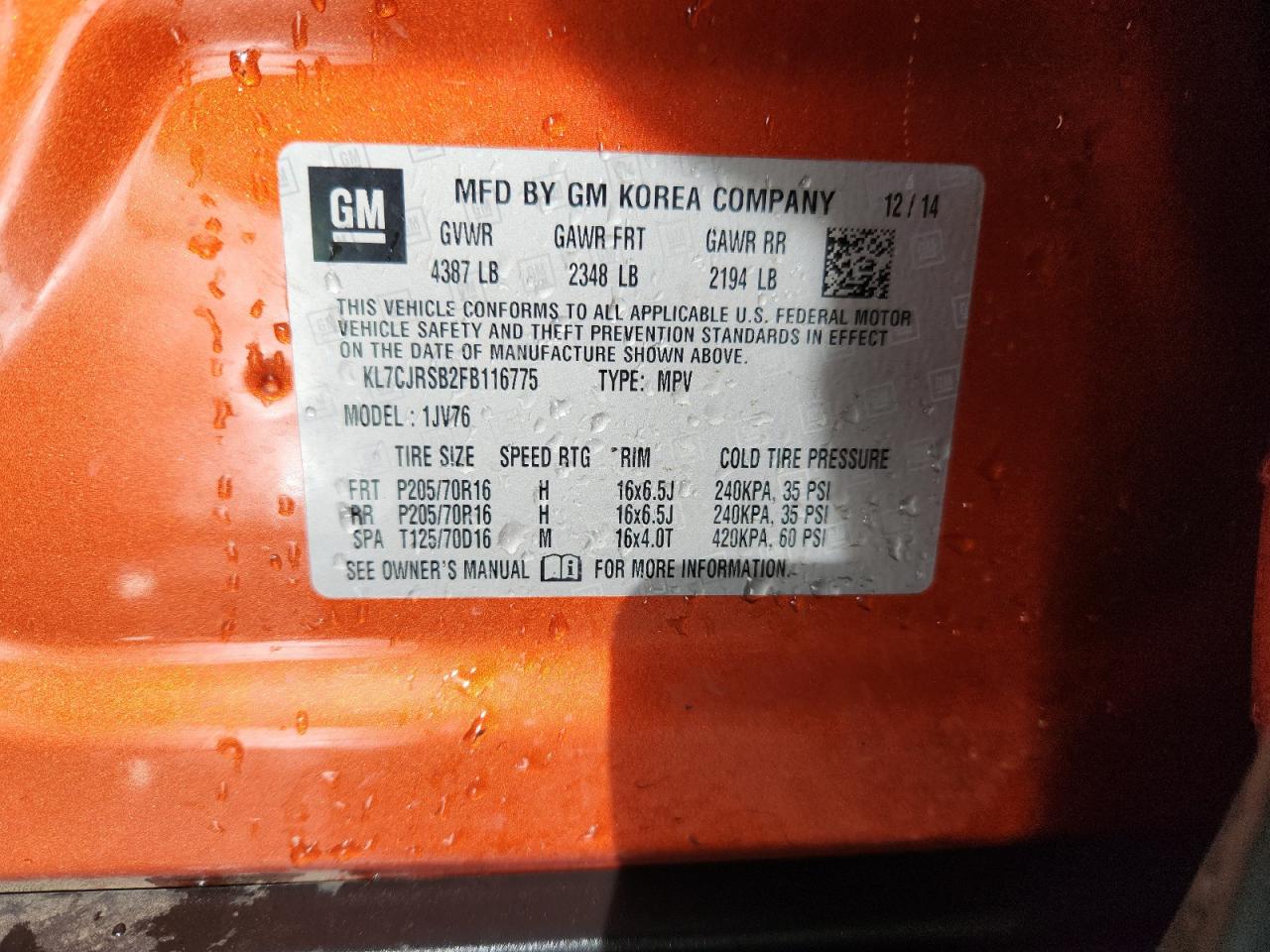 2015 Chevrolet Trax 1Lt VIN: KL7CJRSB2FB116775 Lot: 91263505