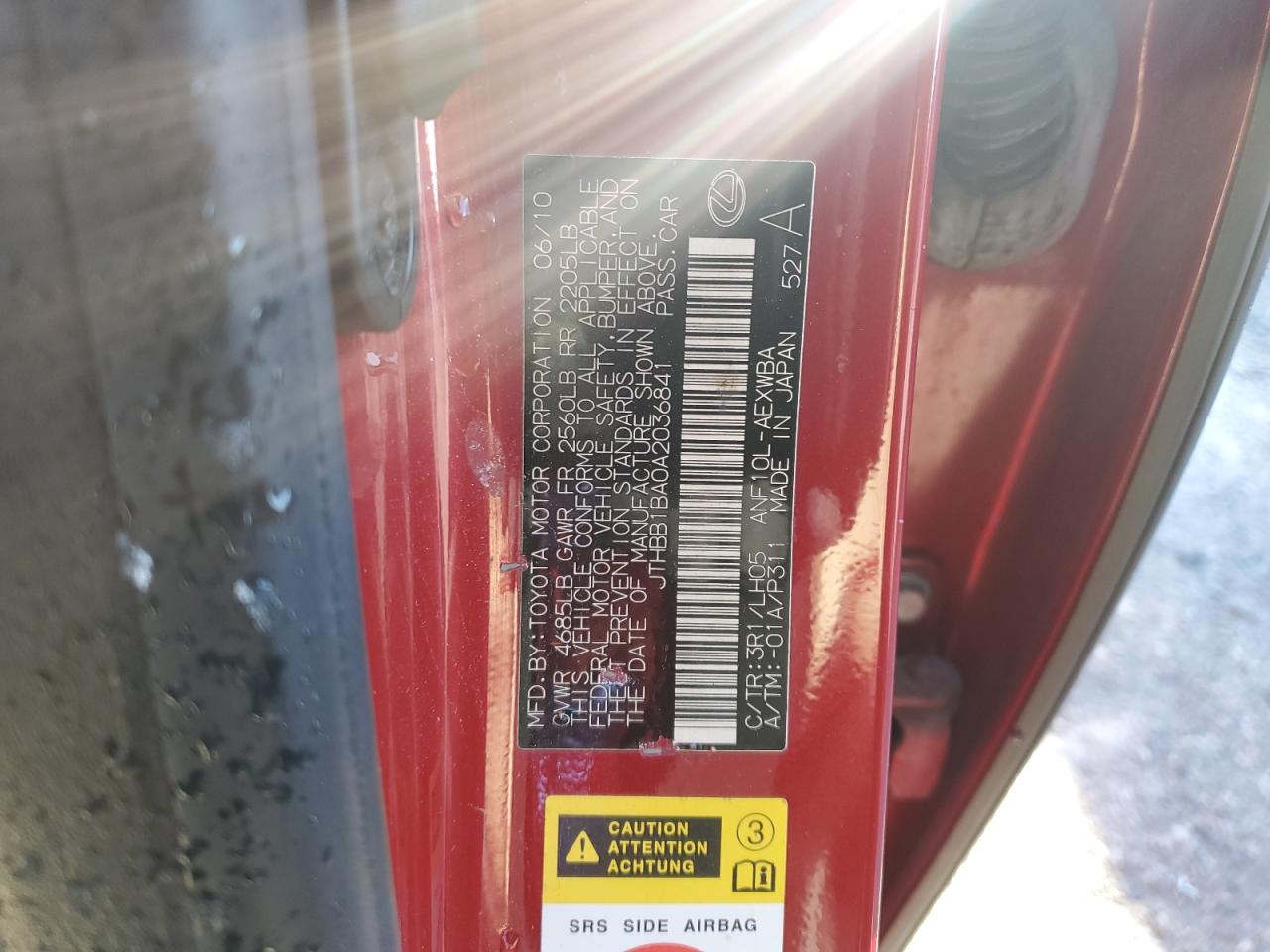 2010 Lexus Hs 250H VIN: JTHBB1BA0A2036841 Lot: 91455805