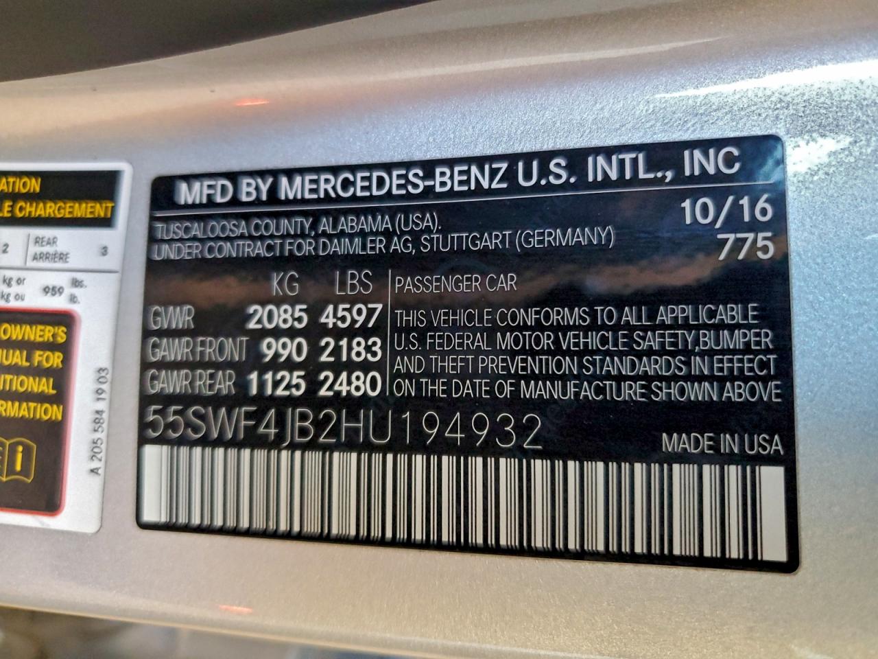 2017 Mercedes-Benz C 300 VIN: 55SWF4JB2HU194932 Lot: 93966455