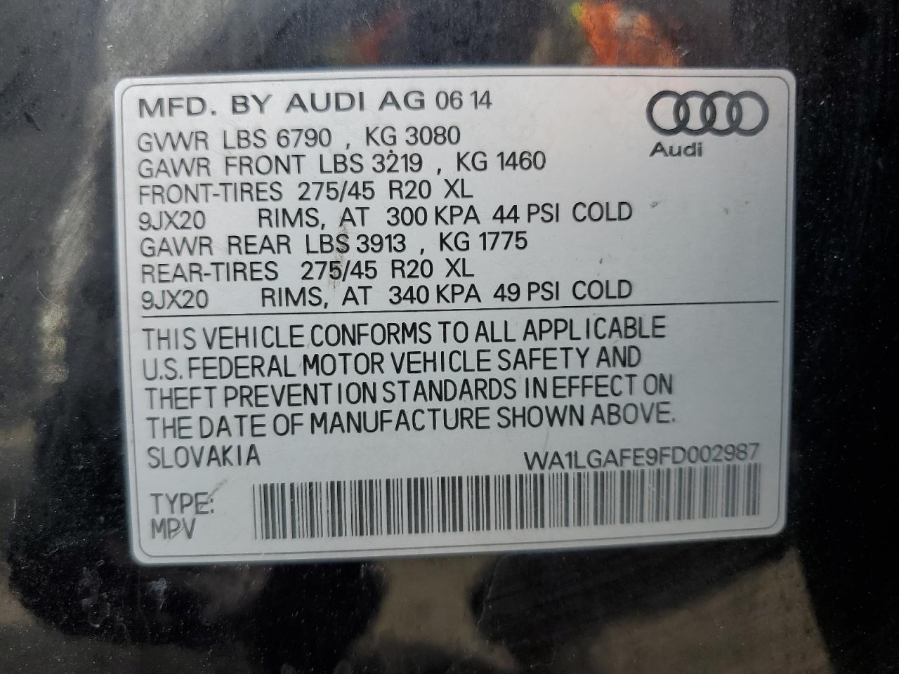 2015 Audi Q7 Premium Plus VIN: WA1LGAFE9FD002987 Lot: 92393225