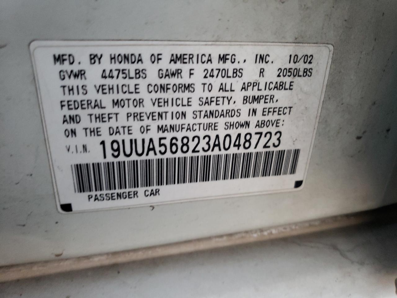 2003 Acura 3.2Tl Type-S VIN: 19UUA56823A048723 Lot: 93296595