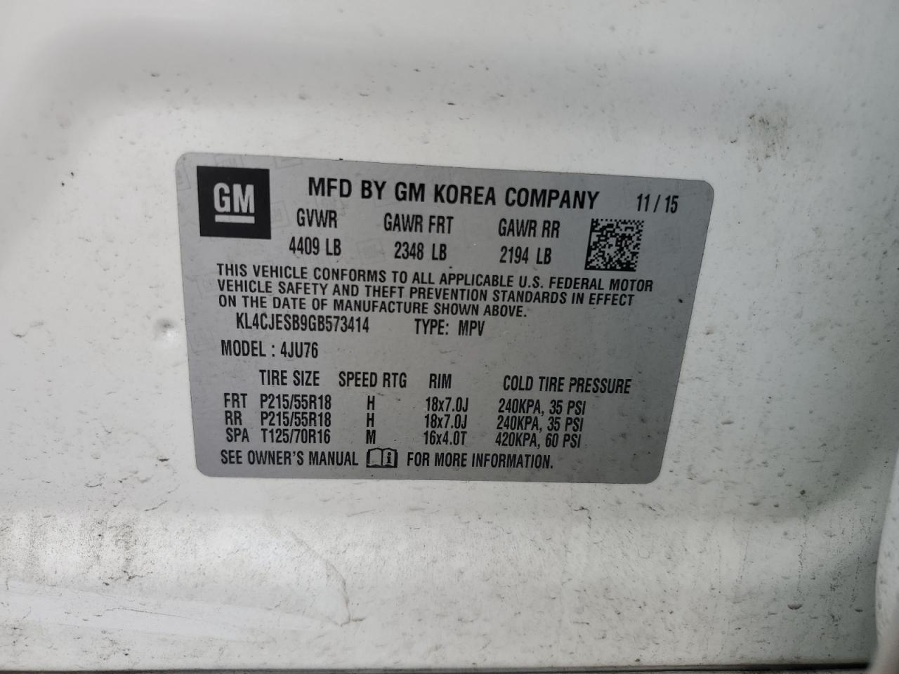 2016 Buick Encore VIN: KL4CJESB9GB573414 Lot: 93191065