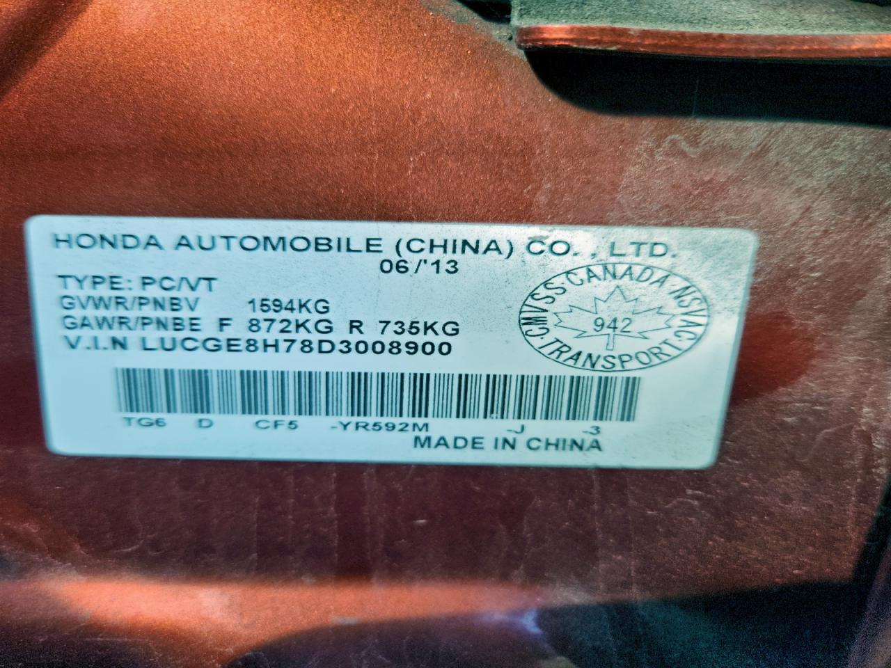 2013 Honda Fit Sport VIN: LUCGE8H78D3008900 Lot: 90994565