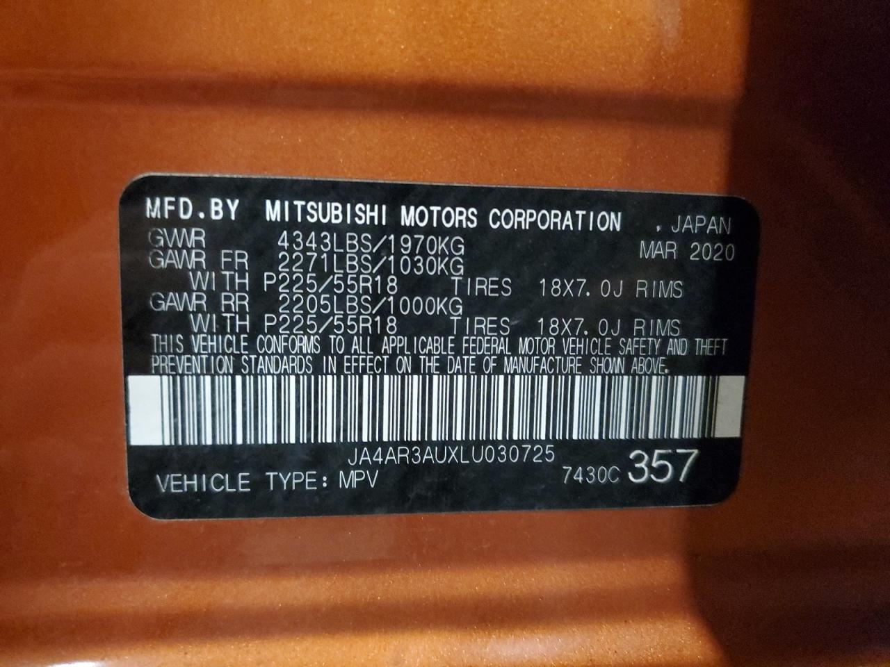 2020 Mitsubishi Outlander Sport Es VIN: JA4AR3AUXLU030725 Lot: 92095155