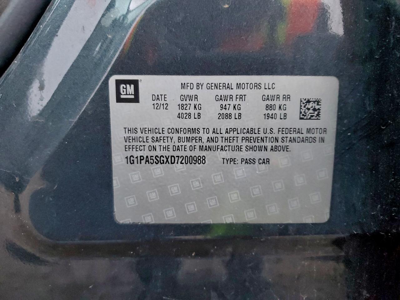 2013 Chevrolet Cruze Ls VIN: 1G1PA5SGXD7200988 Lot: 94328985