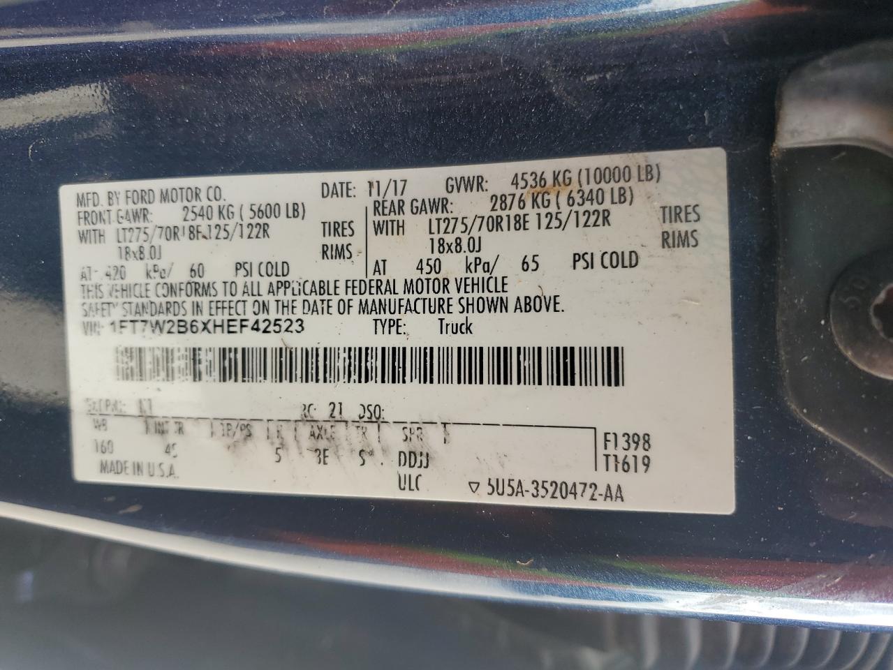 2017 Ford F250 Super Duty VIN: 1FT7W2B6XHEF42523 Lot: 91674545