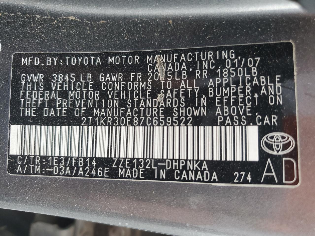 2007 Toyota Corolla Matrix Xr VIN: 2T1KR30E87C659522 Lot: 90738325