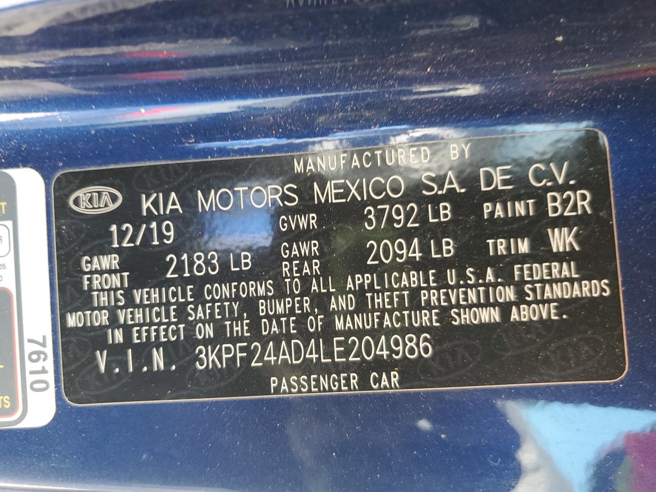 2020 Kia Forte Fe VIN: 3KPF24AD4LE204986 Lot: 92292925