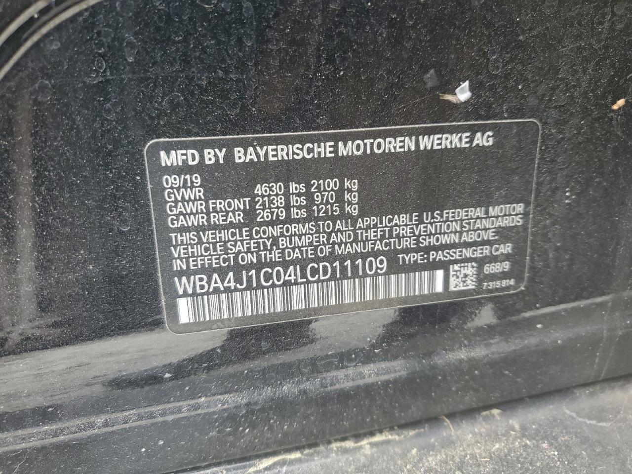 2020 BMW 430I Gran Coupe VIN: WBA4J1C04LCD11109 Lot: 93878745