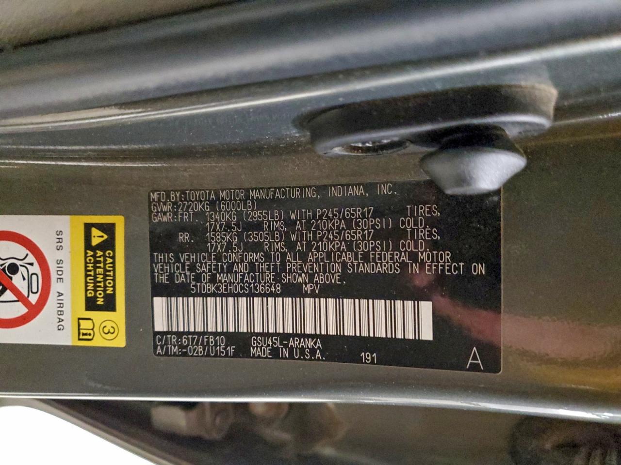 2012 Toyota Highlander Base VIN: 5TDBK3EH0CS136648 Lot: 94128555